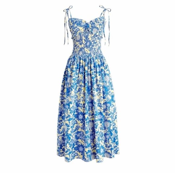 J.Crew Collection Dress Tie Shoulder Smocked Floral Cotton Poplin Blue Yellow Su - Picture 11 of 13